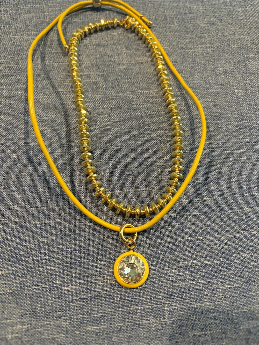 Yellow Cord Layered Necklace with Crystal Pendant